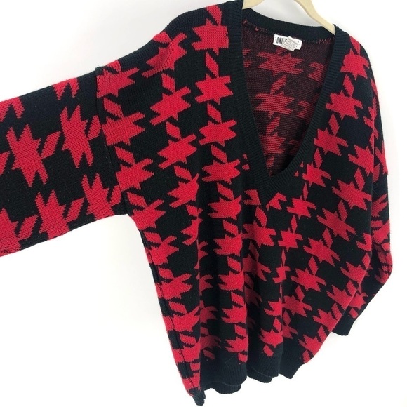 Vintage Oversized Jumbo Houndstooth Sweater Preppy V Neck Red Black Medium - Picture 4 of 9
